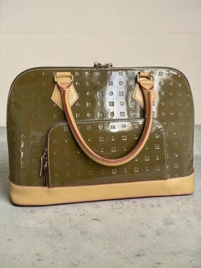 Arcadia Made in Italy Patent Leather Embossed Dome Satchel Bag Olive Green & Tan